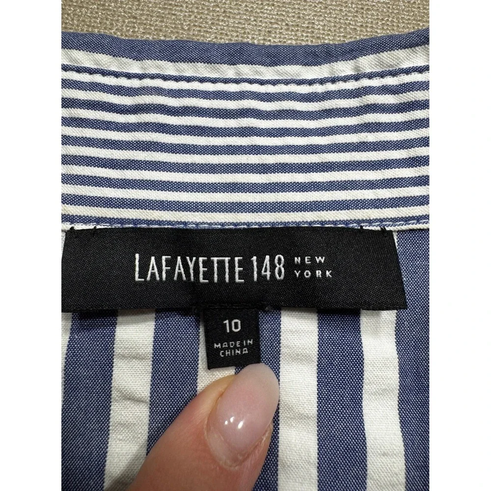 Lafayette 148 New York Blue White Seersucker Striped Button Down Shirt Size 10 - Picture 8 of 11